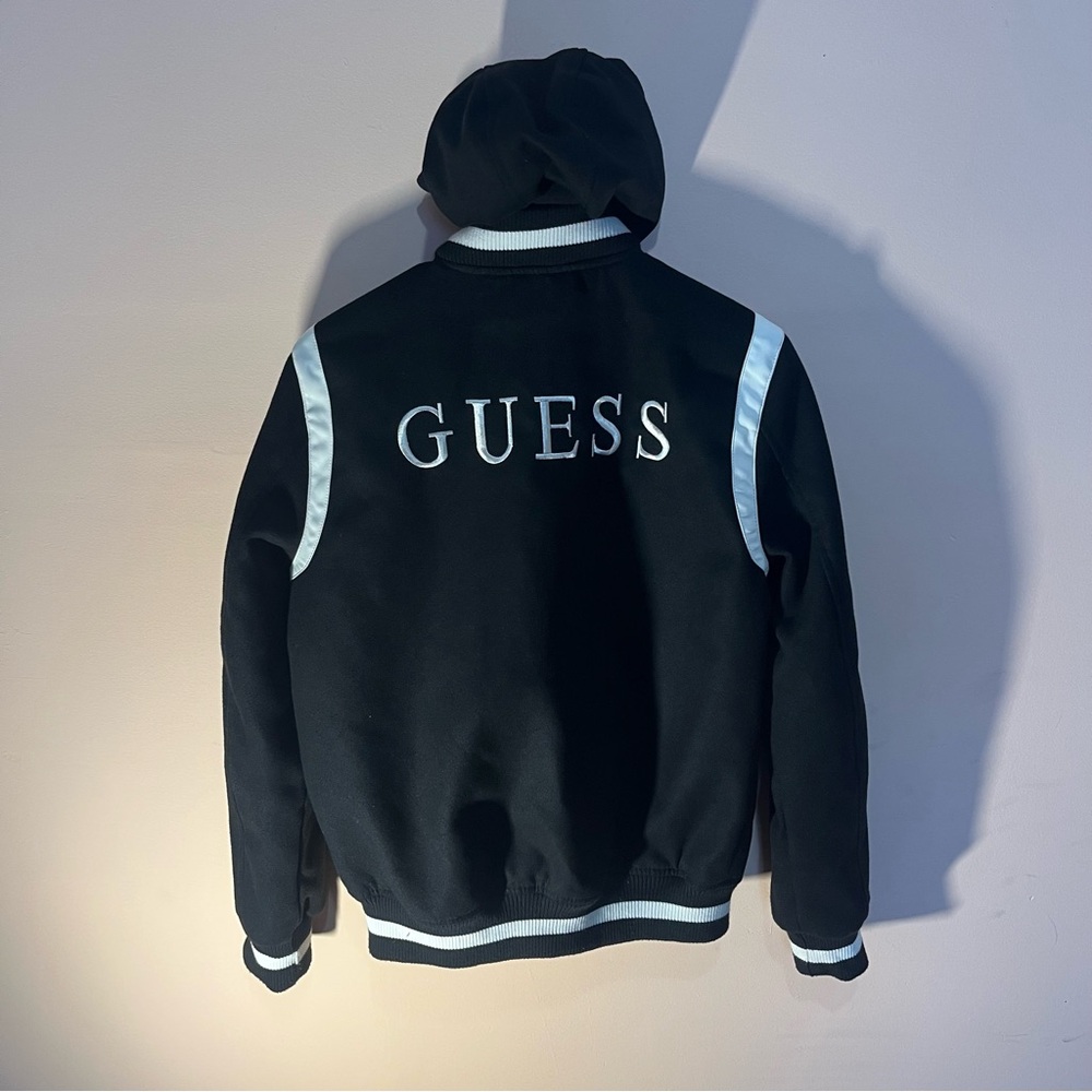 Read! GUESS Men's Wool G Varsity Letterman Bomber  Hooded Jacket Black Size S - Picture 2 of 9